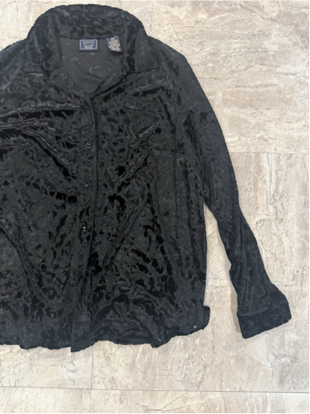 VTG LAURA SCOTT Black Velvet Burnout Shirt Top Women's Petite S Button Up Whimsy